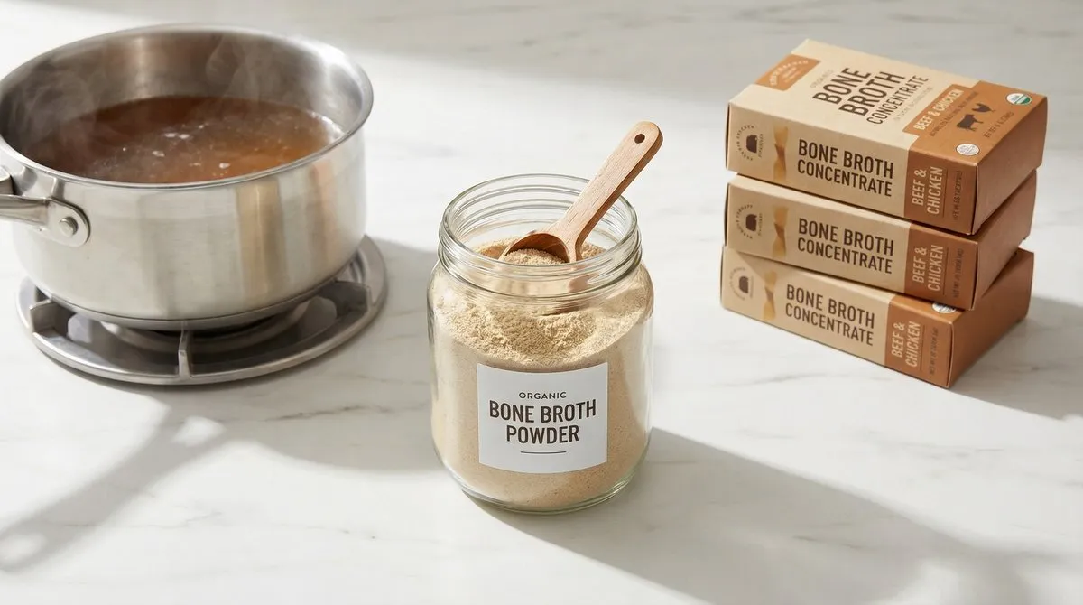Bone broth poeder wordt opgeklopt in een kop
