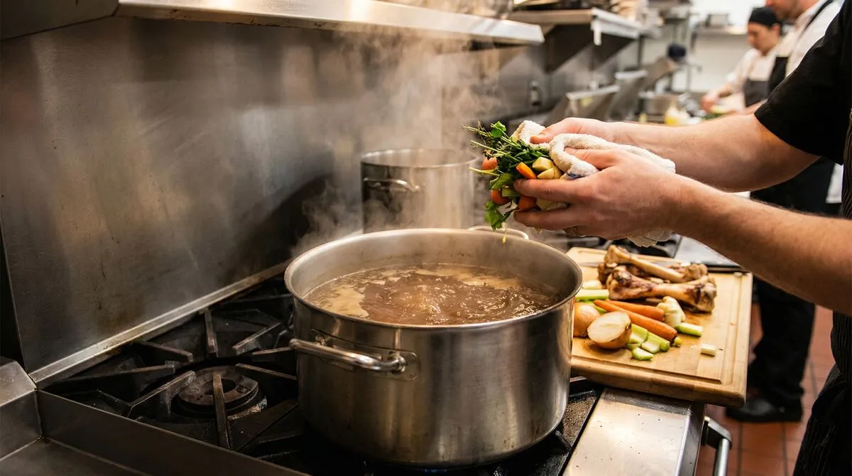 Pan met zachtjes trekkende bouillon op het fornuis