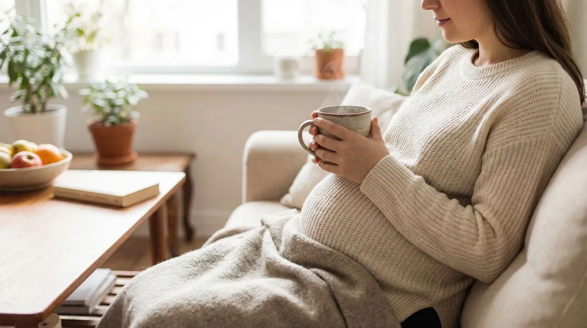 Zwangere vrouw met een warme kop bouillon