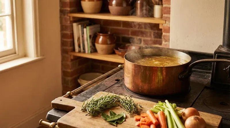 Een pan bone broth suddert op het fornuis